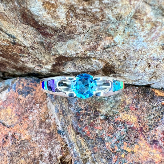 David Rosales Indian Summer Inlaid Sterling Silver Ring w/ Blue Topaz