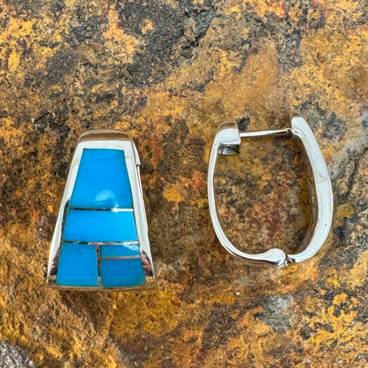 David Rosales Arizona Blue Inlaid Sterling Silver Earrings Huggie