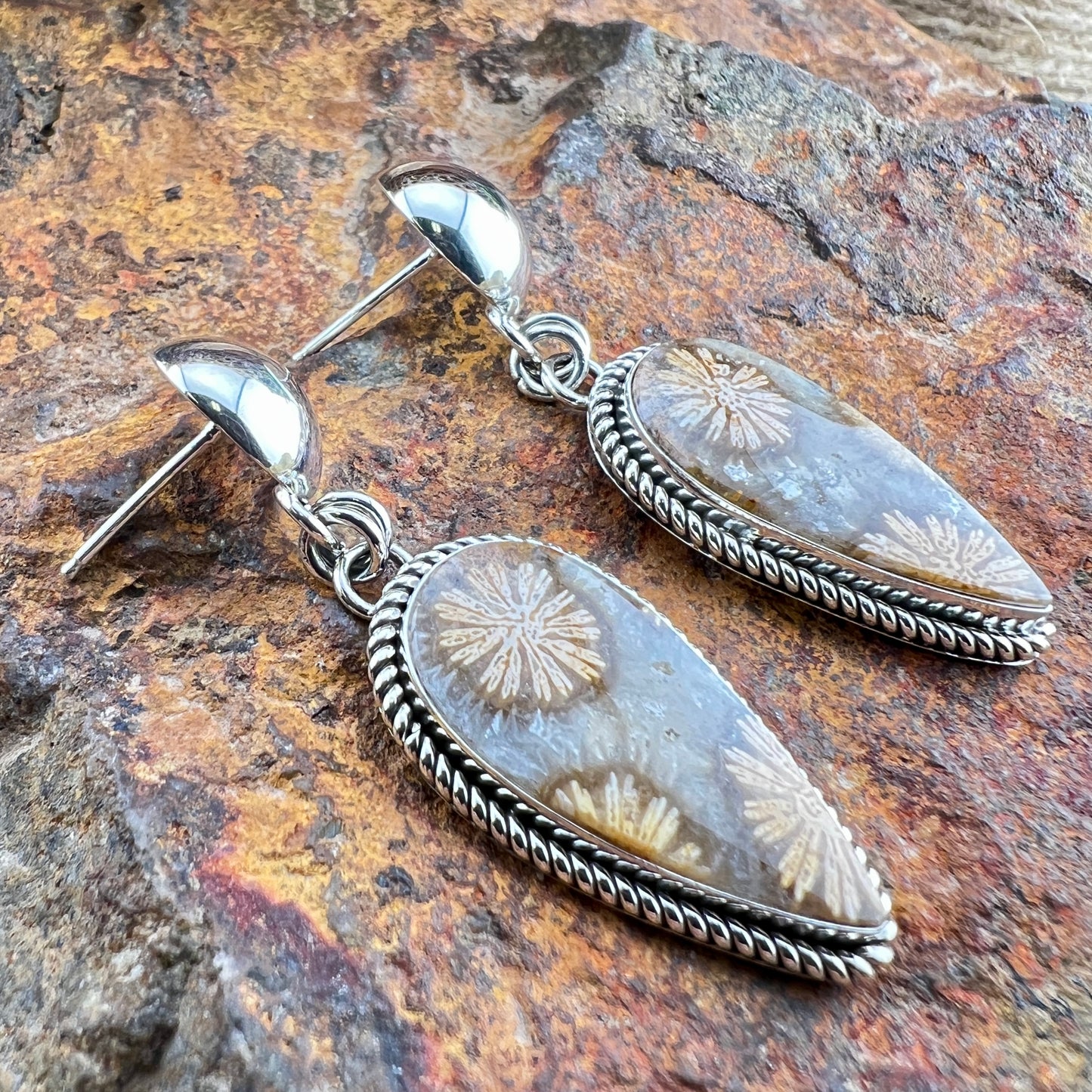 Artie Yellowhorse Fossil Coral Dangle Earrings