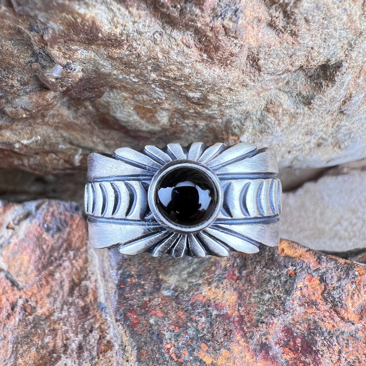 Black Onyx Sterling Silver Ring by Ray Coriz - Size 12 1/2