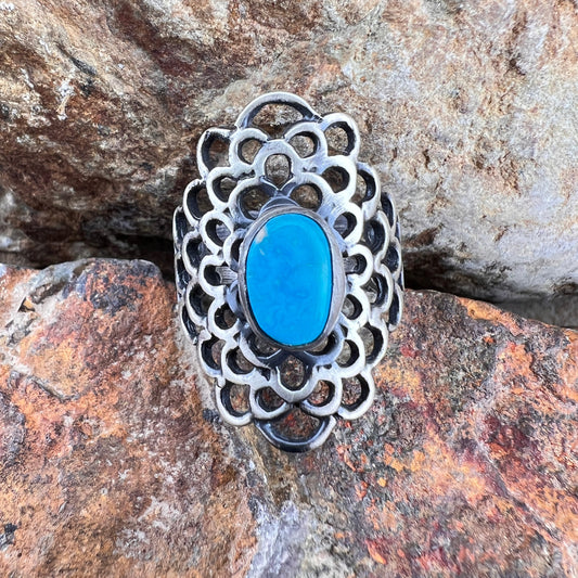 Kingman Turquoise Sterling Silver Ring by Ray Coriz - Size 8 1/2