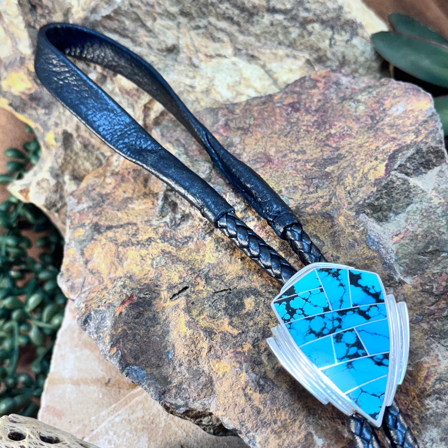 David Rosales Tibetan Turquoise Inlaid Sterling Silver Bolo Tie
