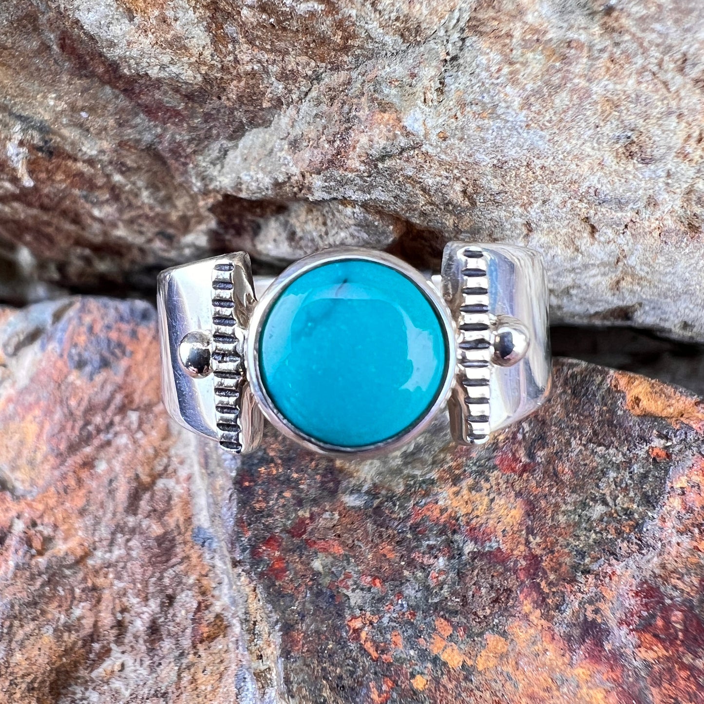 Kingman Turquoise Sterling Silver Ring by Ray Coriz - Size 9
