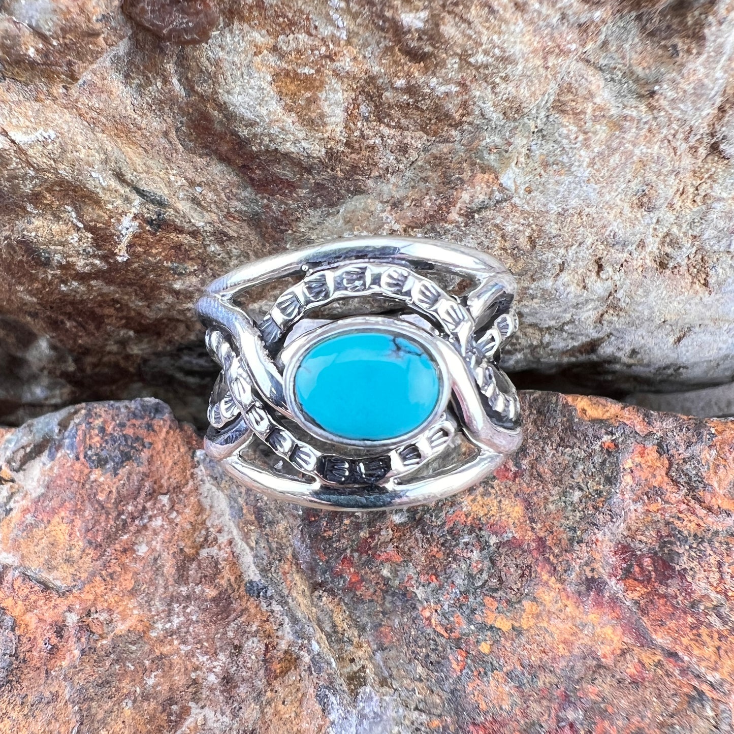 Kingman Turquoise Sterling Silver Ring by Ray Coriz - Size 8 1/2