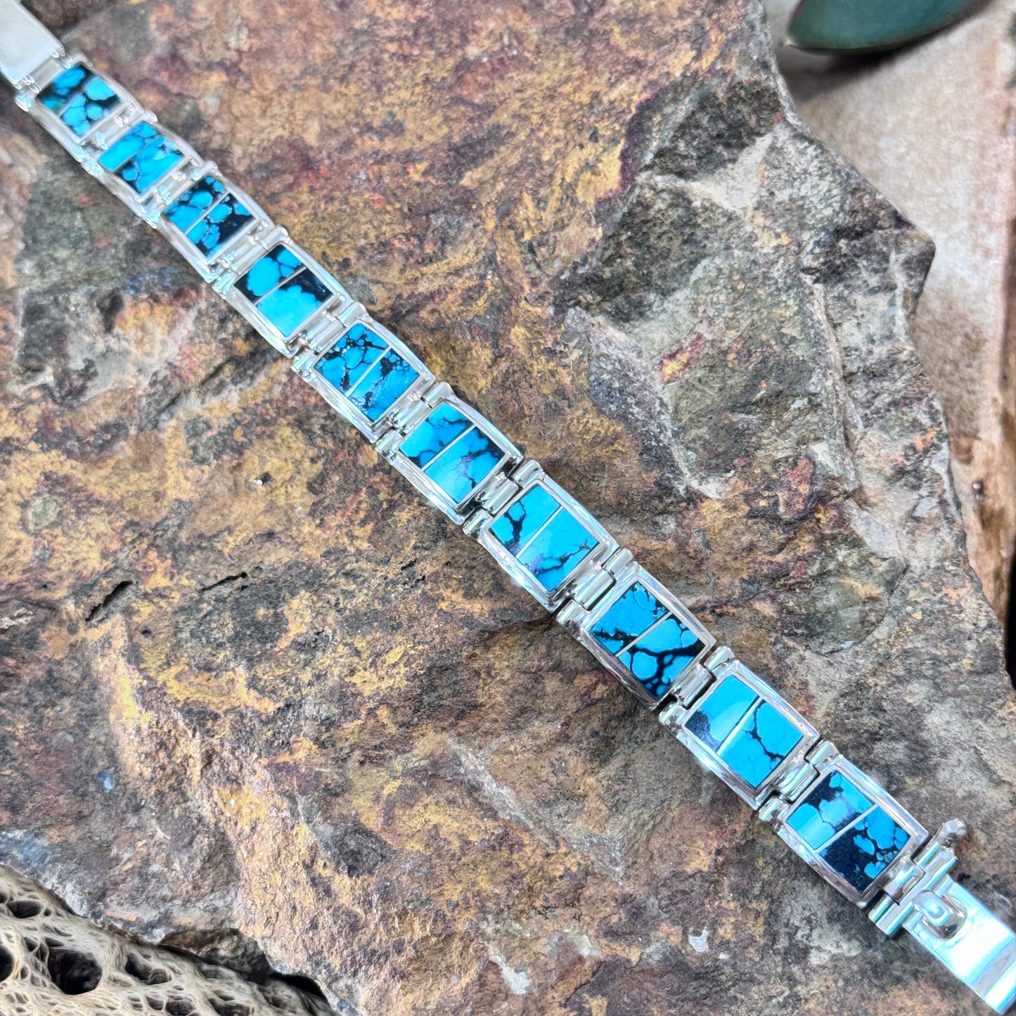 David Rosales Tibetan Turquoise Inlaid Sterling Silver Link Bracelet