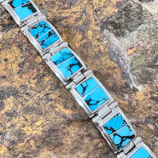 David Rosales Tibetan Turquoise Inlaid Sterling Silver Link Bracelet