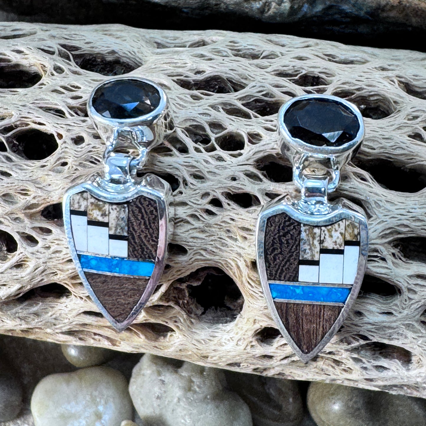 David Rosales Ironwood Inlaid Sterling Silver Earrings Leaf w/ Smoky Topaz