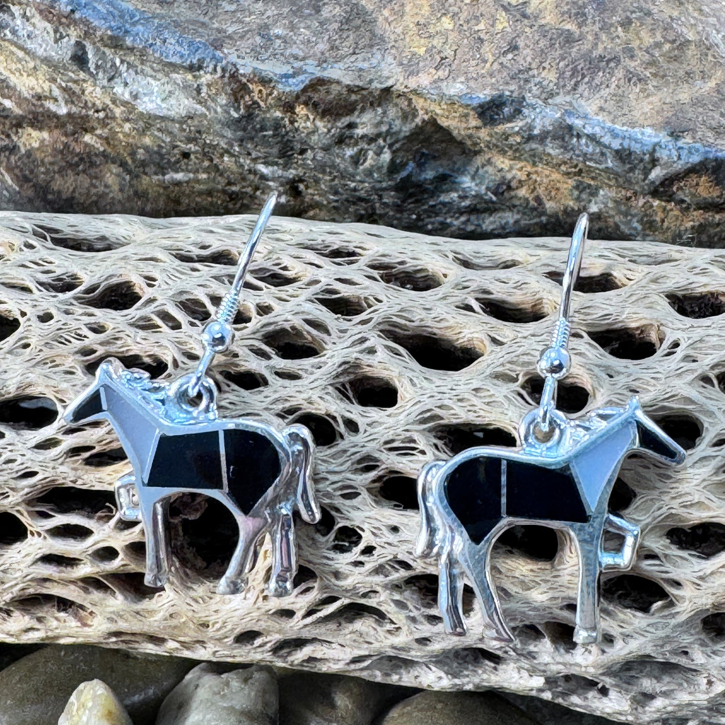 David Rosales Tuxedo Inlaid Sterling Silver Earrings Horse