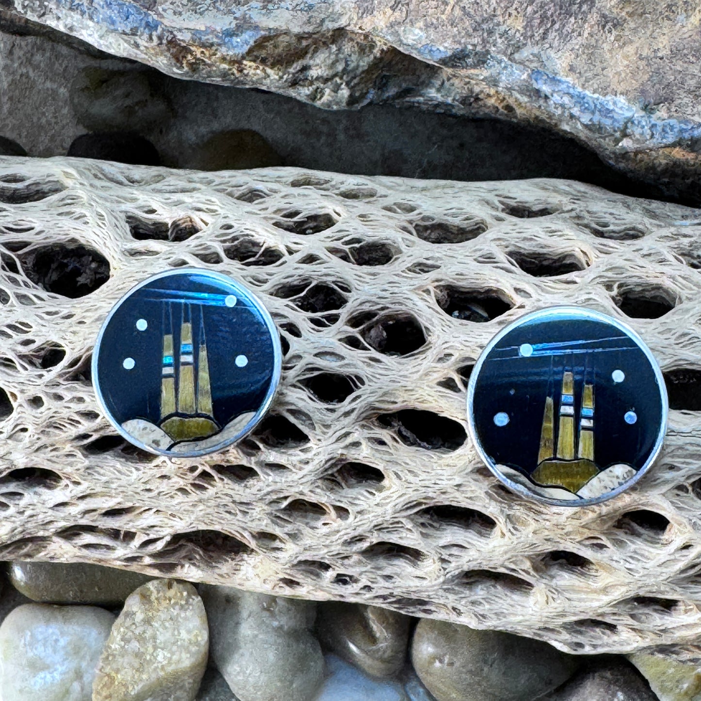 David Rosales Native Lite Inlaid Sterling Silver Earrings Pueblo Scene