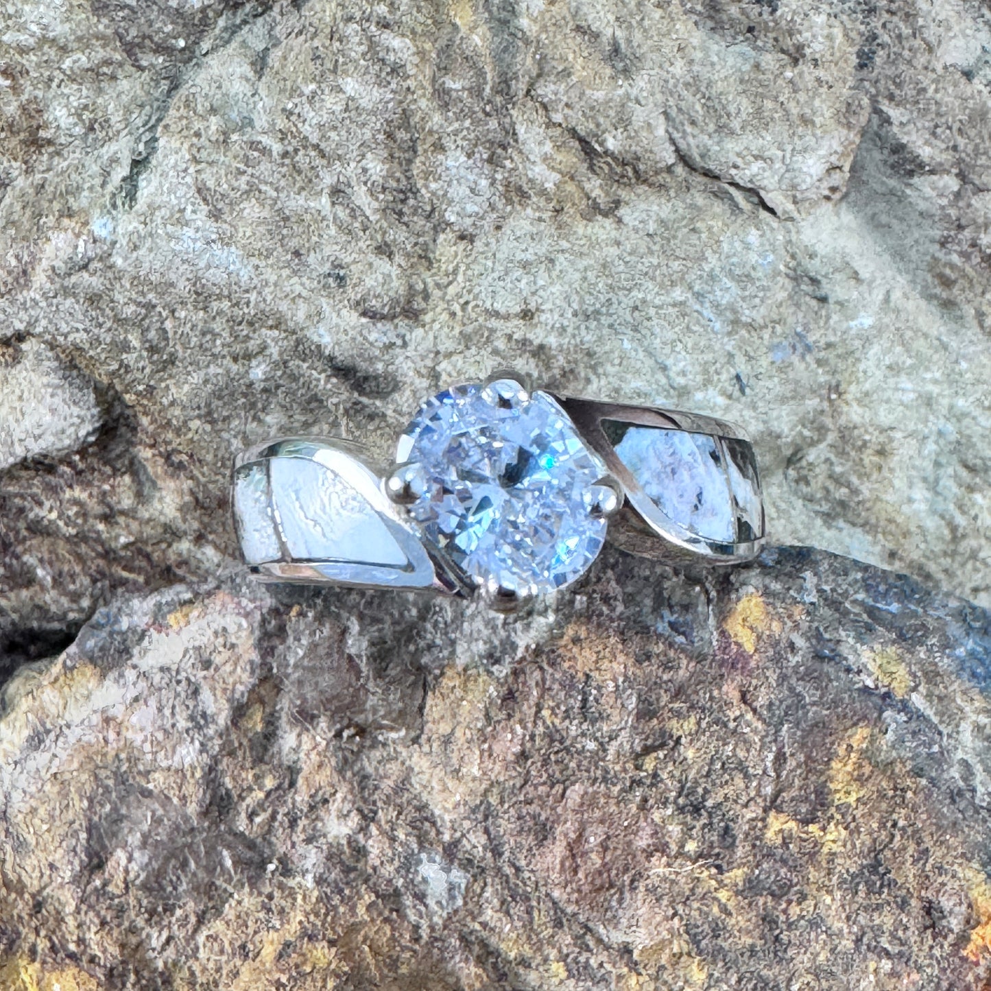 David Rosales White Buffalo Inlaid Sterling Silver Ring w/ Cubic Zirconia