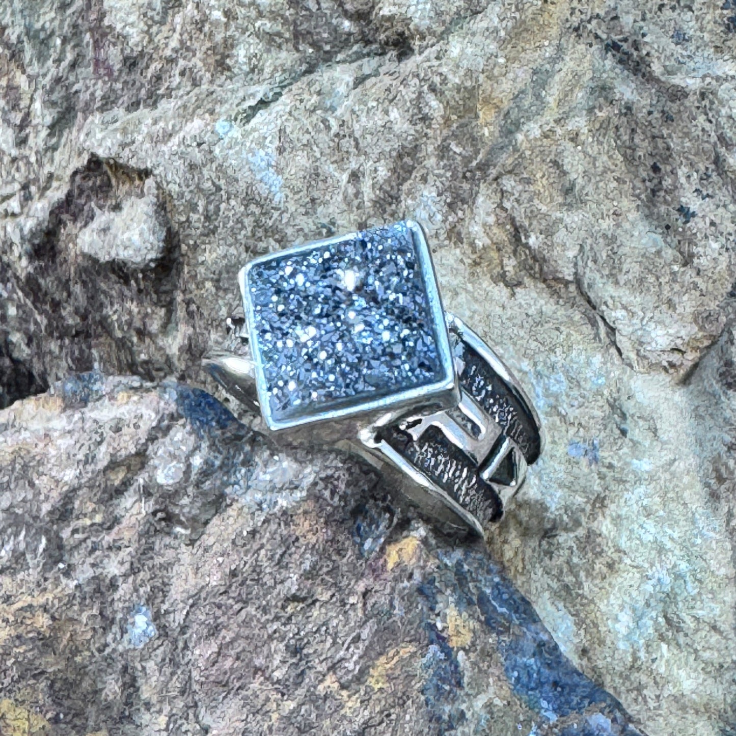David Rosales Silver Country Square Druzy Sterling Silver Ring