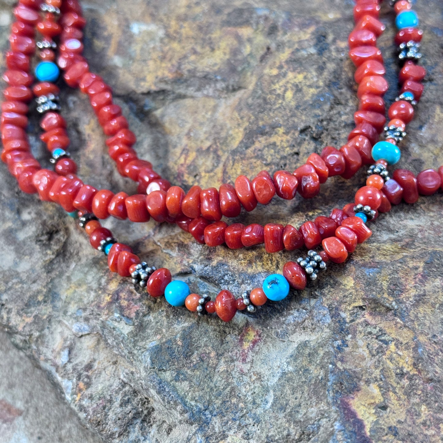 Handmade Red Coral & Turquoise 3-Strand Necklace - Native American Made