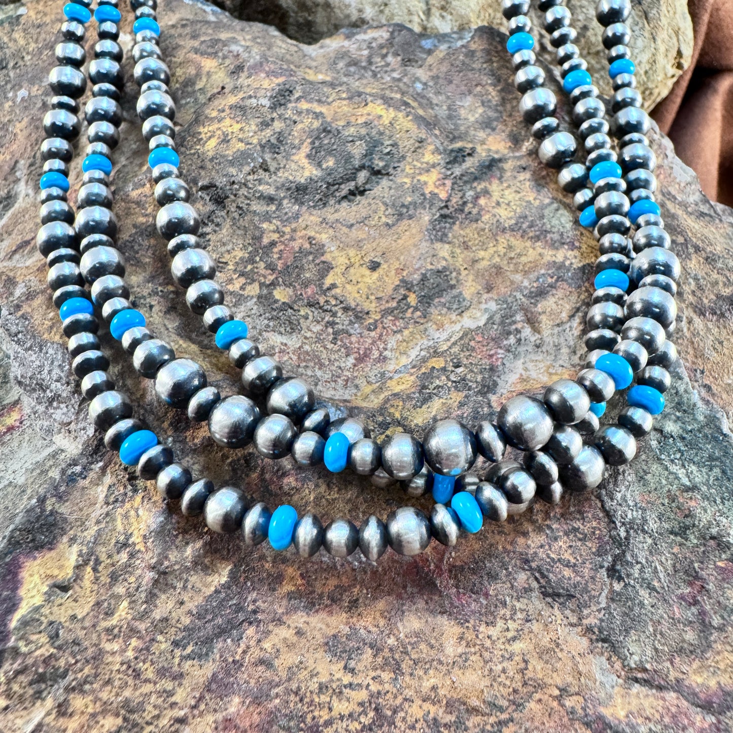 Navajo Pearls - 3-Strand Sterling Silver & Turquoise Bead Necklace