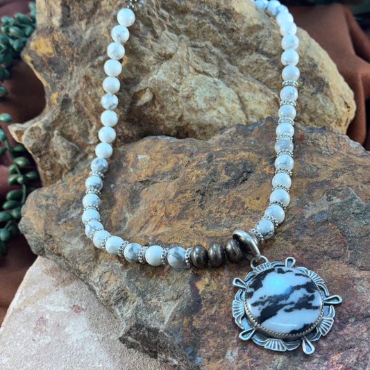 White Buffalo & Sterling Beaded Necklace by Mary Tso