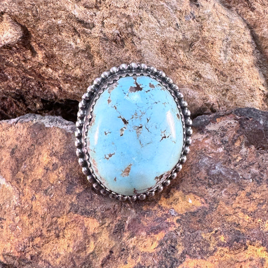 Navajo Oval Kingman Turquoise Ring with Beaded Border by Mary Tso