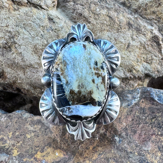 White Buffalo Ring with Caramel Host Matrix by Mary Tso