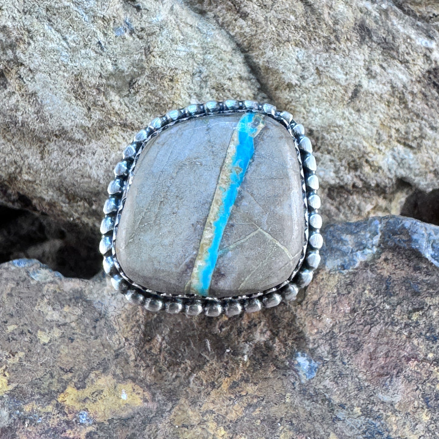 Ribbon Turquoise Ring with Beaded Frame by Mary Tso