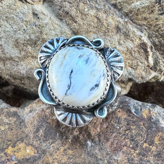 Round White Buffalo Ring with Shell Fans by Mary Tso