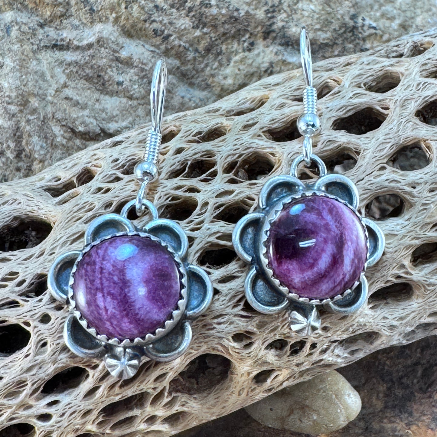 Purple Spiny Oyster Flower Earrings by Mary Tso