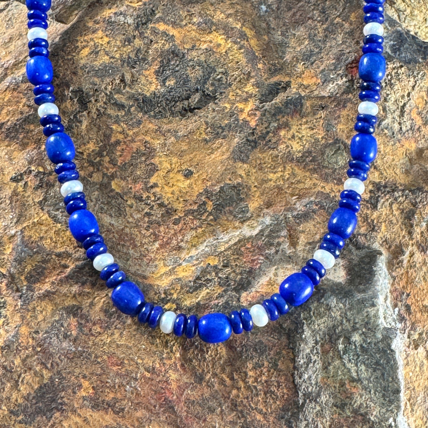 17" Royal Lapis & Fresh Water Pearl Single Strand Beaded Necklace by Artie Yellowhorse