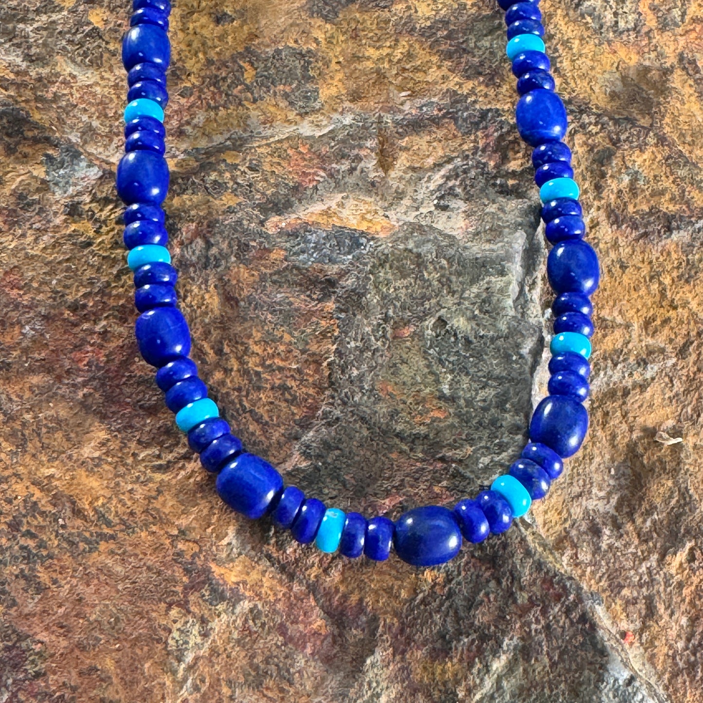 18" Royal Lapis & Sleeping Beauty Turquoise Single Strand Beaded Necklace by Artie Yellowhorse