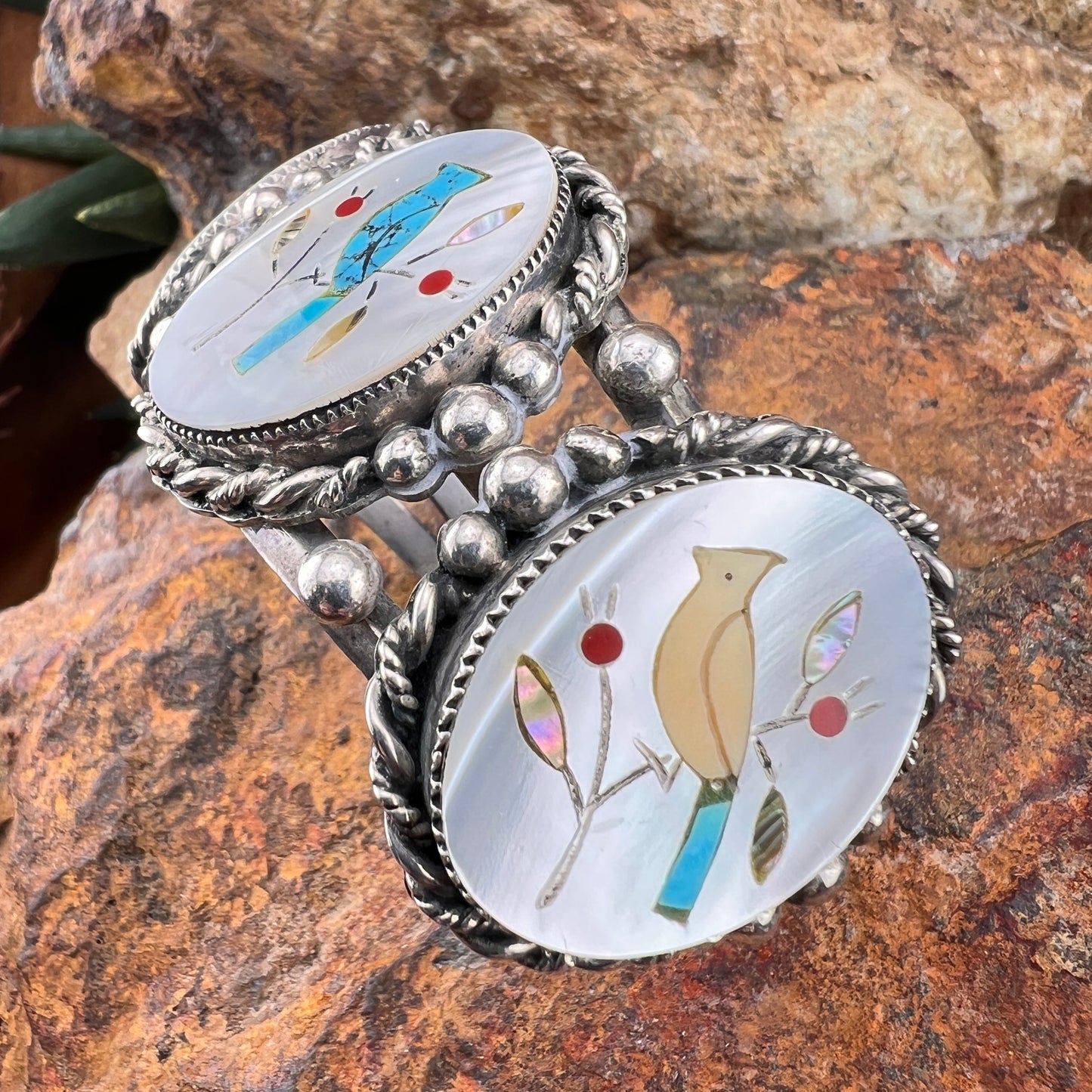 Vintage Cardinal Cuff Bracelet – MOP, Turquoise & Coral Inlay – Estate