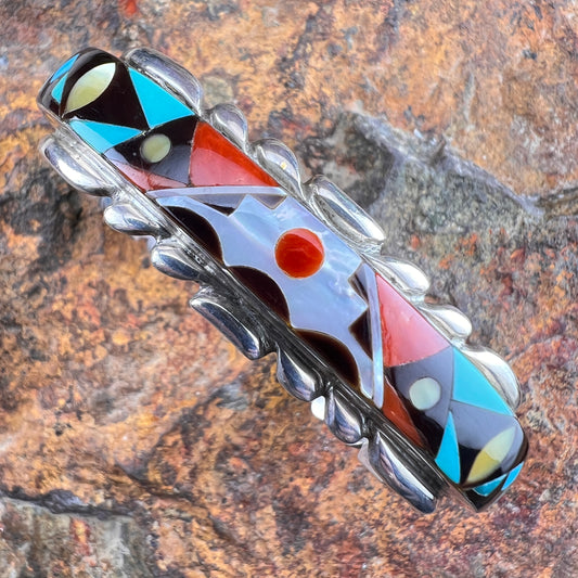 Vintage Zuni MOP, Turquoise, Coral & Onyx Inlay Sterling Silver Cuff Bracelet – Estate