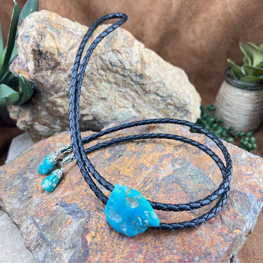Vintage - Natural Turquoise Nugget Golo Tie 33" Black Cord with Dragon Tip Turquoise Dangles - Estate