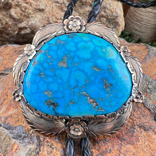 Vintage Turquoise Bolo Tie — Sterling Silver with Gold Accent - Estate