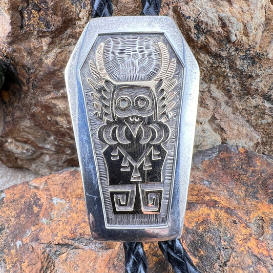 Vintage Hopi Owl Kachina Bolo Tie by Watson Honanie — Sterling Silver & 14k Gold — Estate
