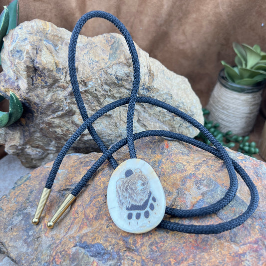 Vintage - D. Sims Alaska Walrus Ivory Scrimshaw Bear & Bear Claw Bolo Tie - Estate