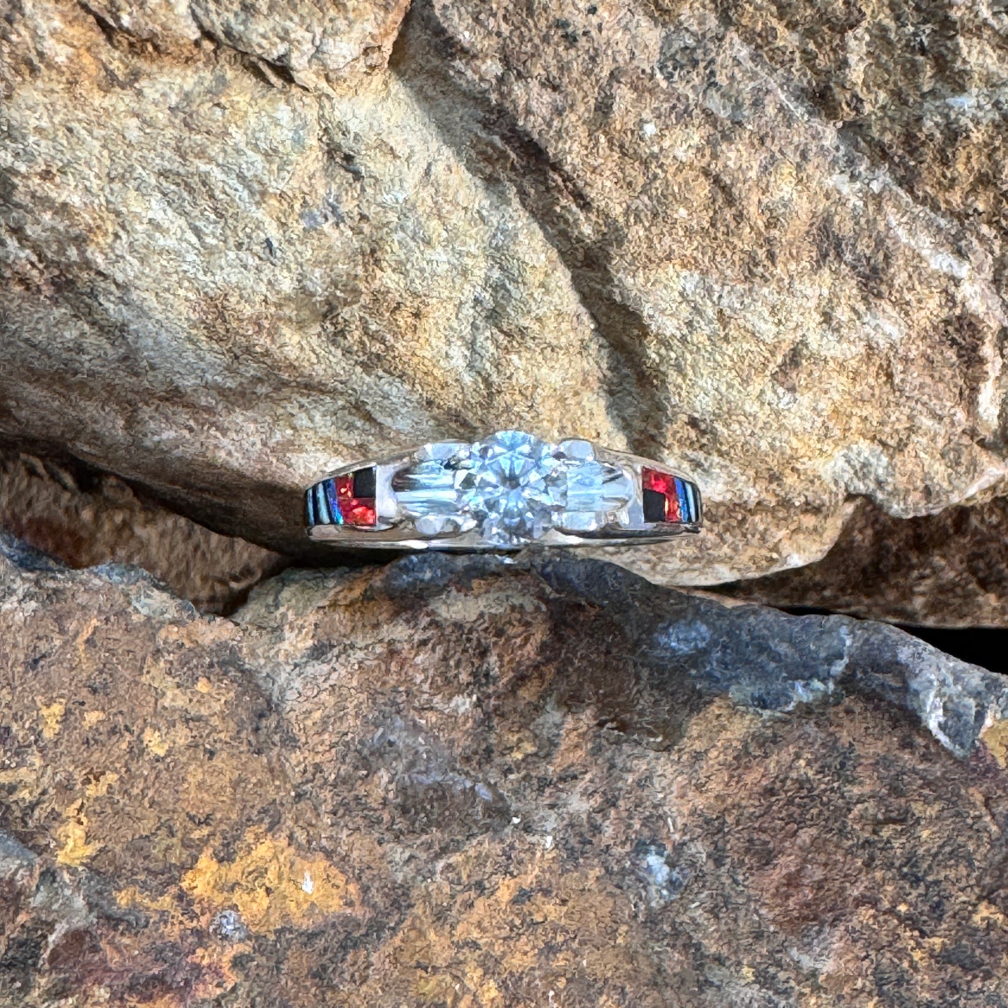 David Rosales Red Moon Inlaid Sterling Silver Ring w/ CZ