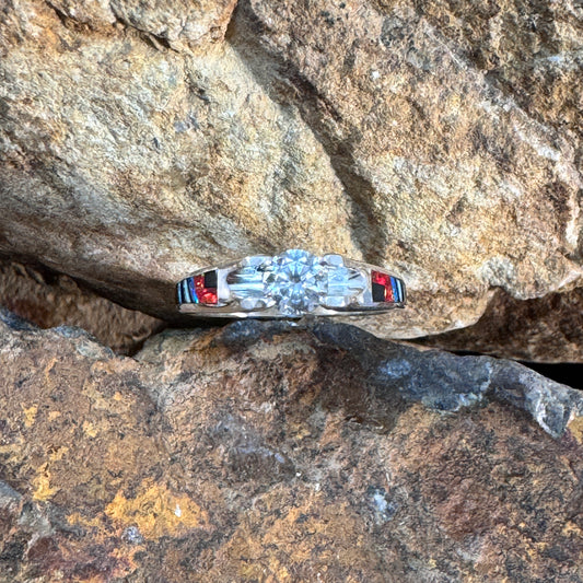 David Rosales Red Moon Inlaid Sterling Silver Ring w/ CZ