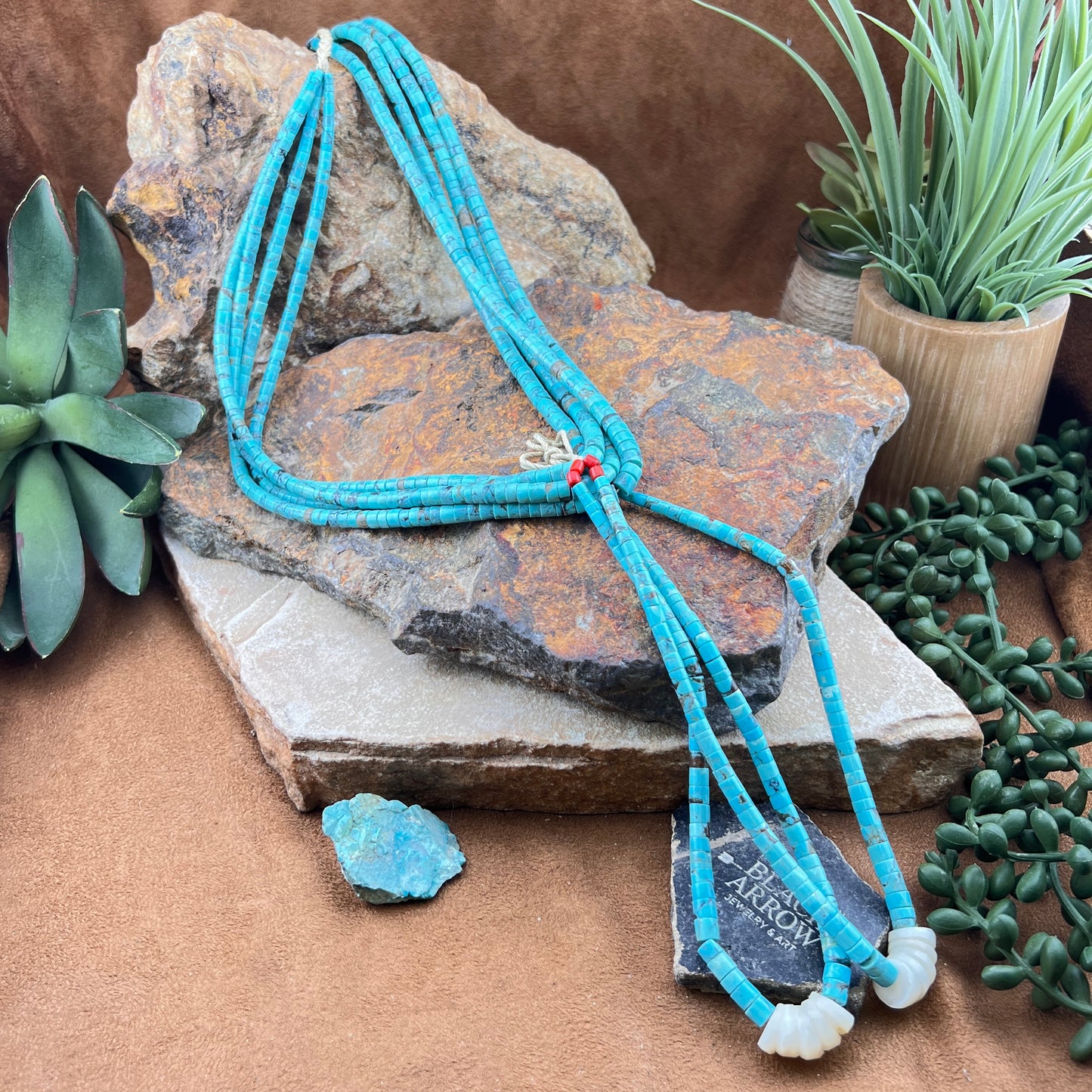 Vintage - Santo Domingo 4-Strand Turquoise Tube Heishi Necklace with MOP Fetish Jacla Drop 26" - Estate