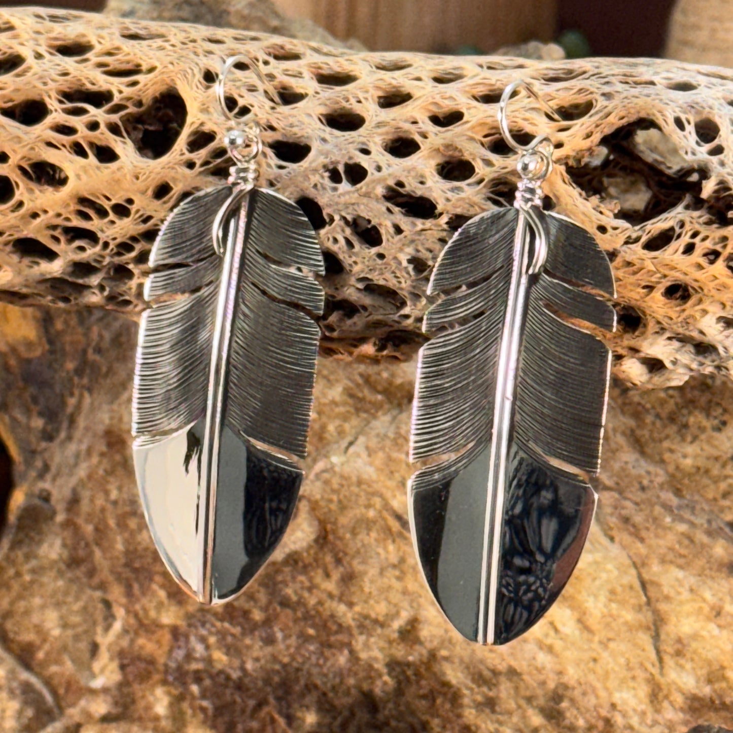 Traditional Sterling Silver Feather Earrings by Lena Platero
