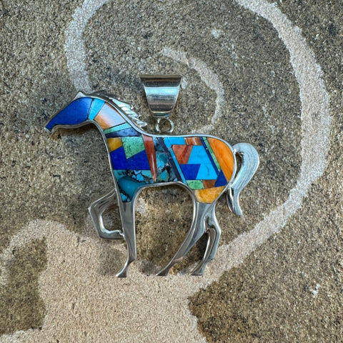 David Rosales Indian Summer Fancy Inlaid Sterling Silver Pendant Horse