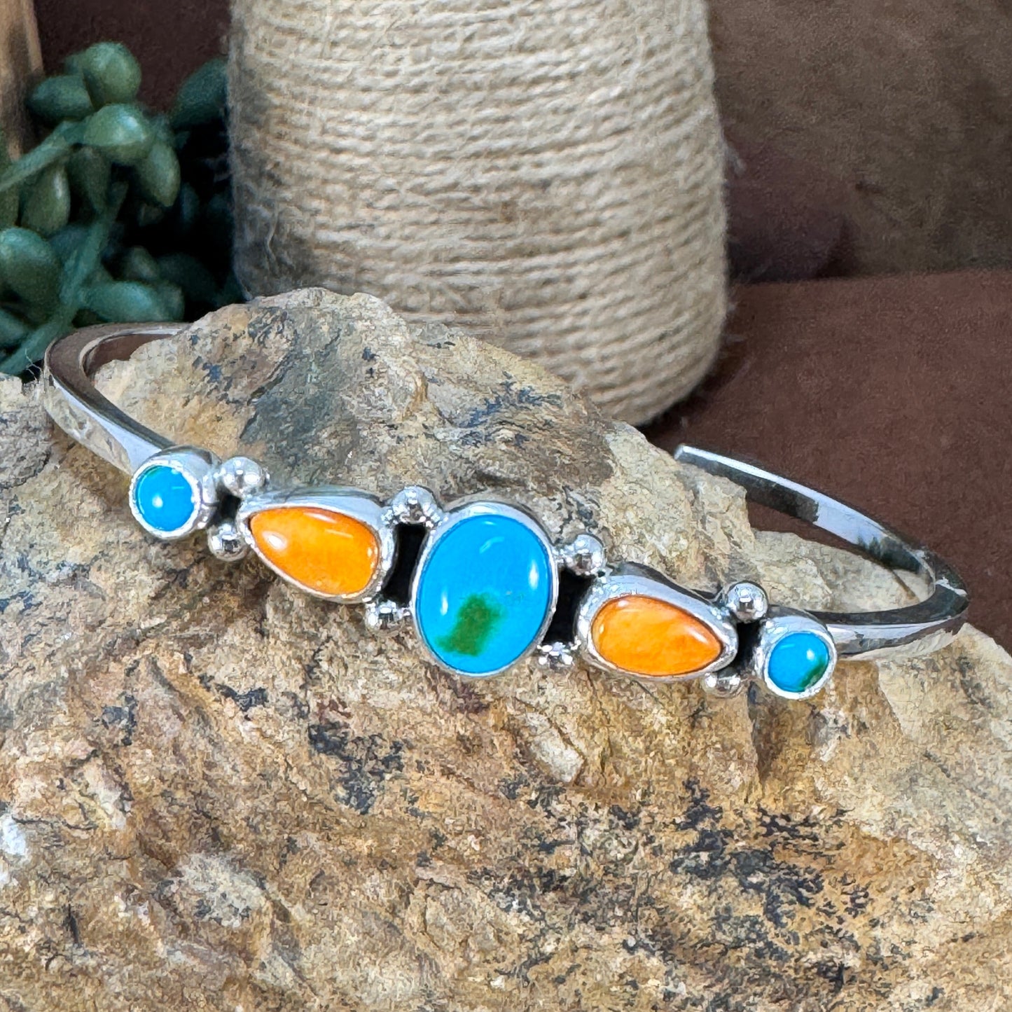 Sonoran Gold Turquoise & Spiny Oyster Shell Sterling Silver Stone Bracelet by Angela Martin