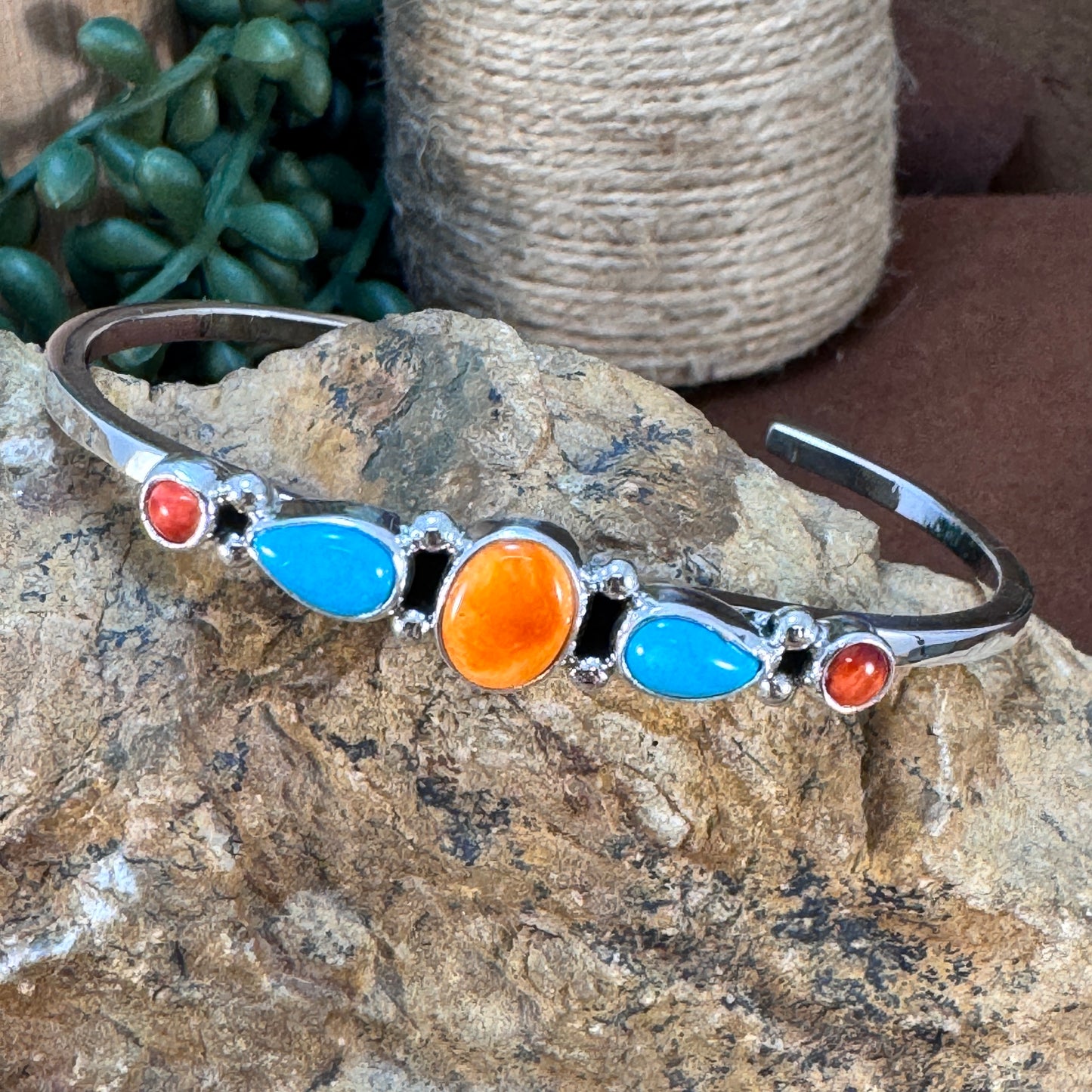 Sleeping Beauty & Spiny Oyster Shell Sterling Silver Stone Bracelet by Angela Martin