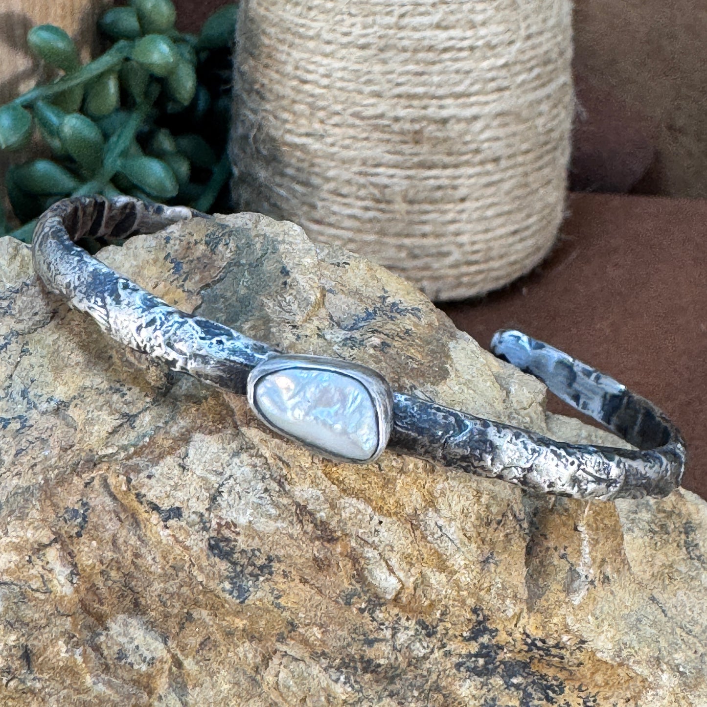 Forged Sterling Silver Cuff with Fresh Water Pearl by Ray Coriz