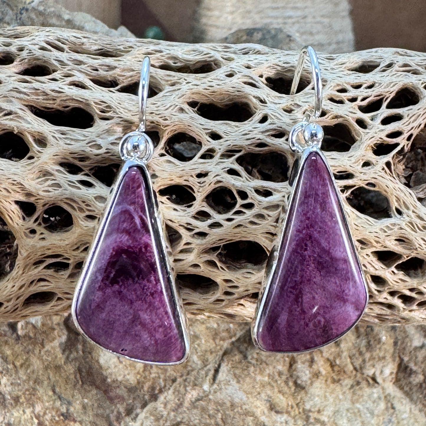 Purple Spiny Oyster Shell Drop Earrings in Sterling Silver by Loretta Delgarito
