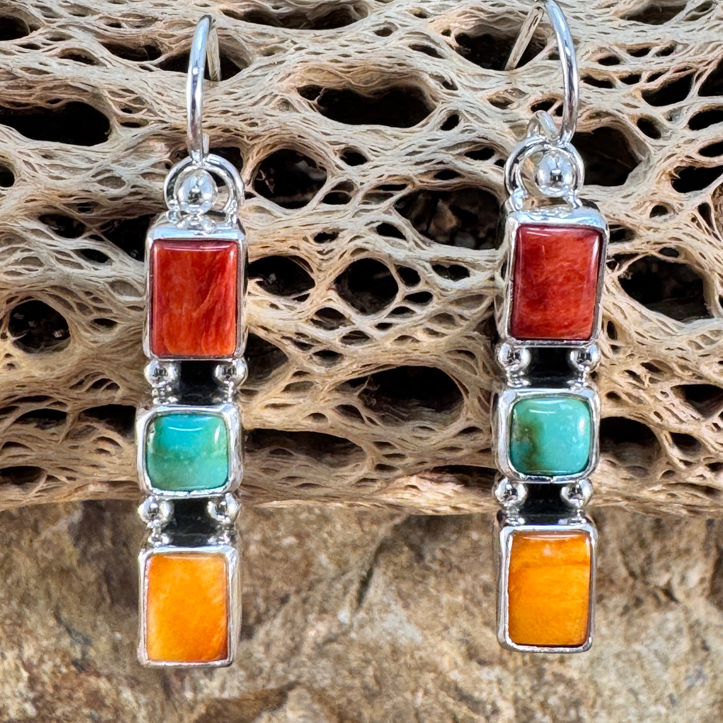 Sonoran Gold Turquoise & Spiny Oyster Shell Sterling Silver Three Stone Earrings Dangle by Angela Martin