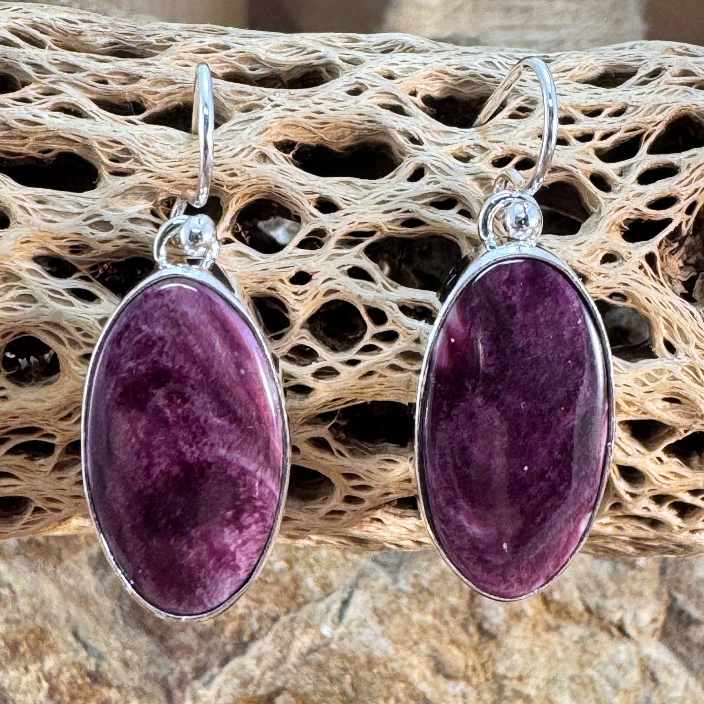 Purple Spiny Oyster Shell Drop Earrings in Sterling Silver by Loretta Delgarito