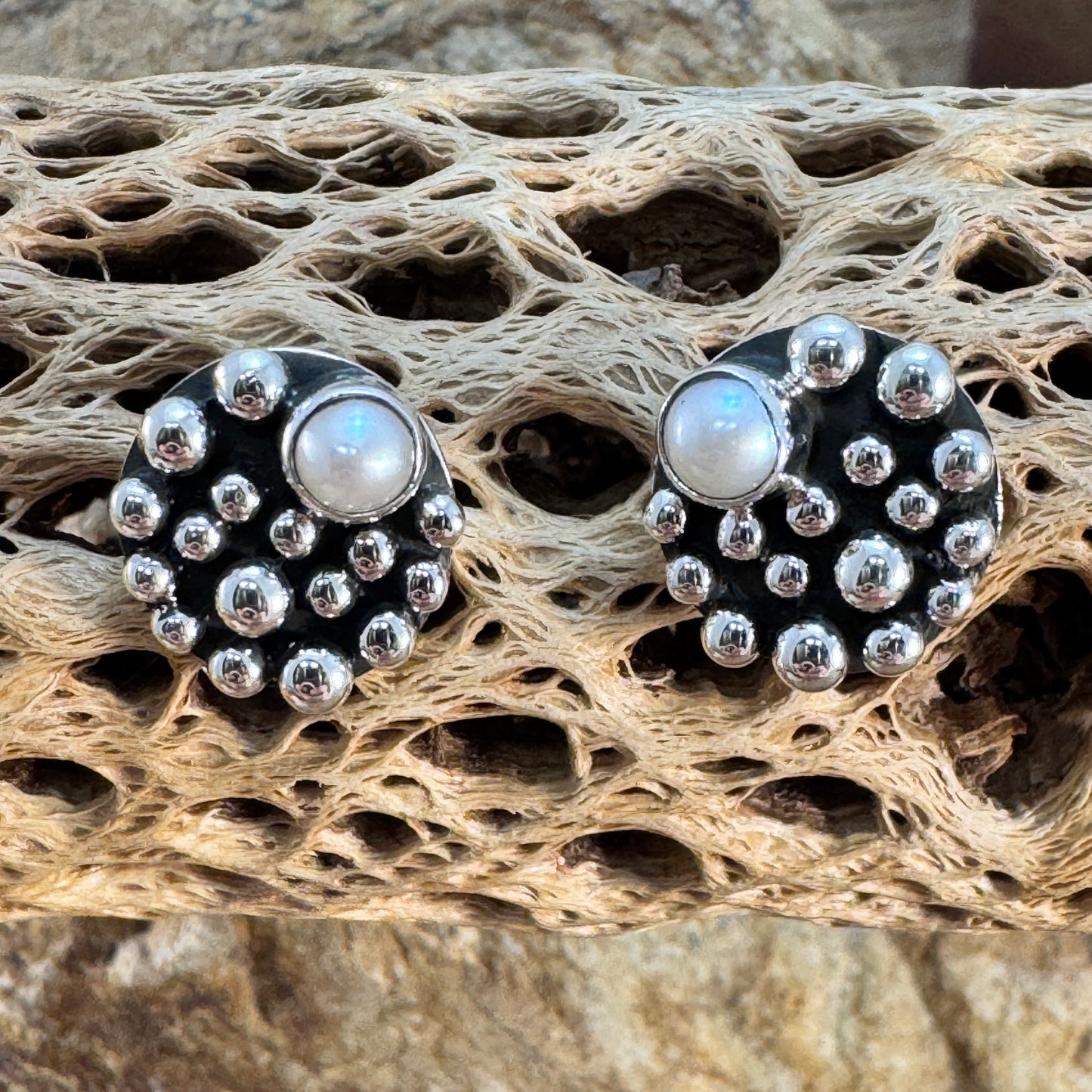 Million Drops Fresh Water Pearl Sterling Silver Round Post Earrings by Ray Coriz