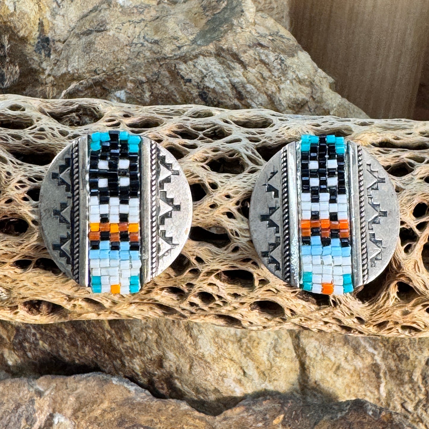 Vintage - Santo Domingo Mosaic Inlay Earrings Beaded and Stamped Silver- Estate