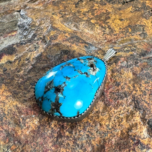 Vintage - Sterling Silver Turquoise Pendant – Teardrop Cabochon – Estate