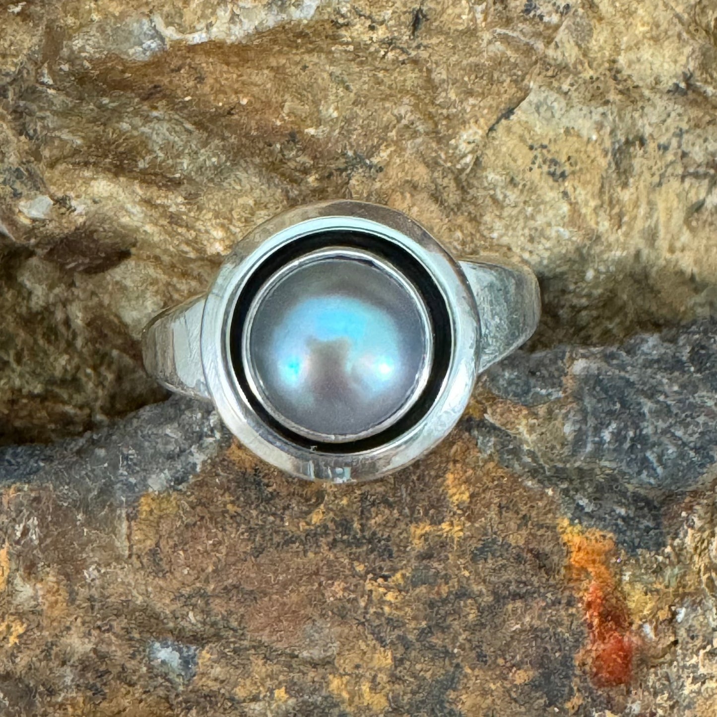 Grey Pearl & Sterling Silver Ring by Artie Yellowhorse Size 8