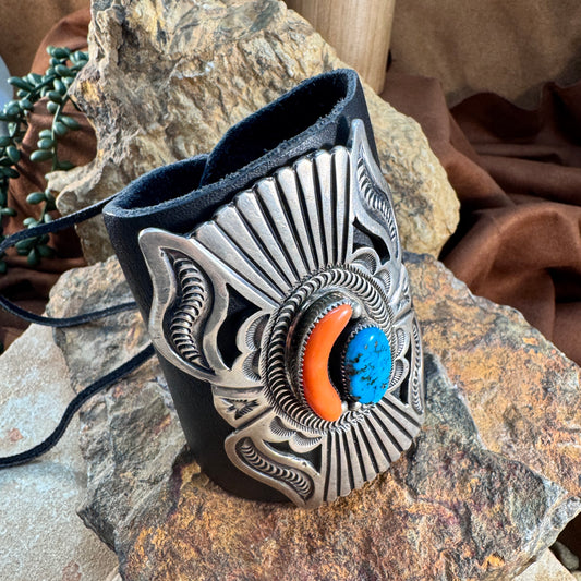Turquoise & Coral Navajo Leather Cuff Bracelet – Estate