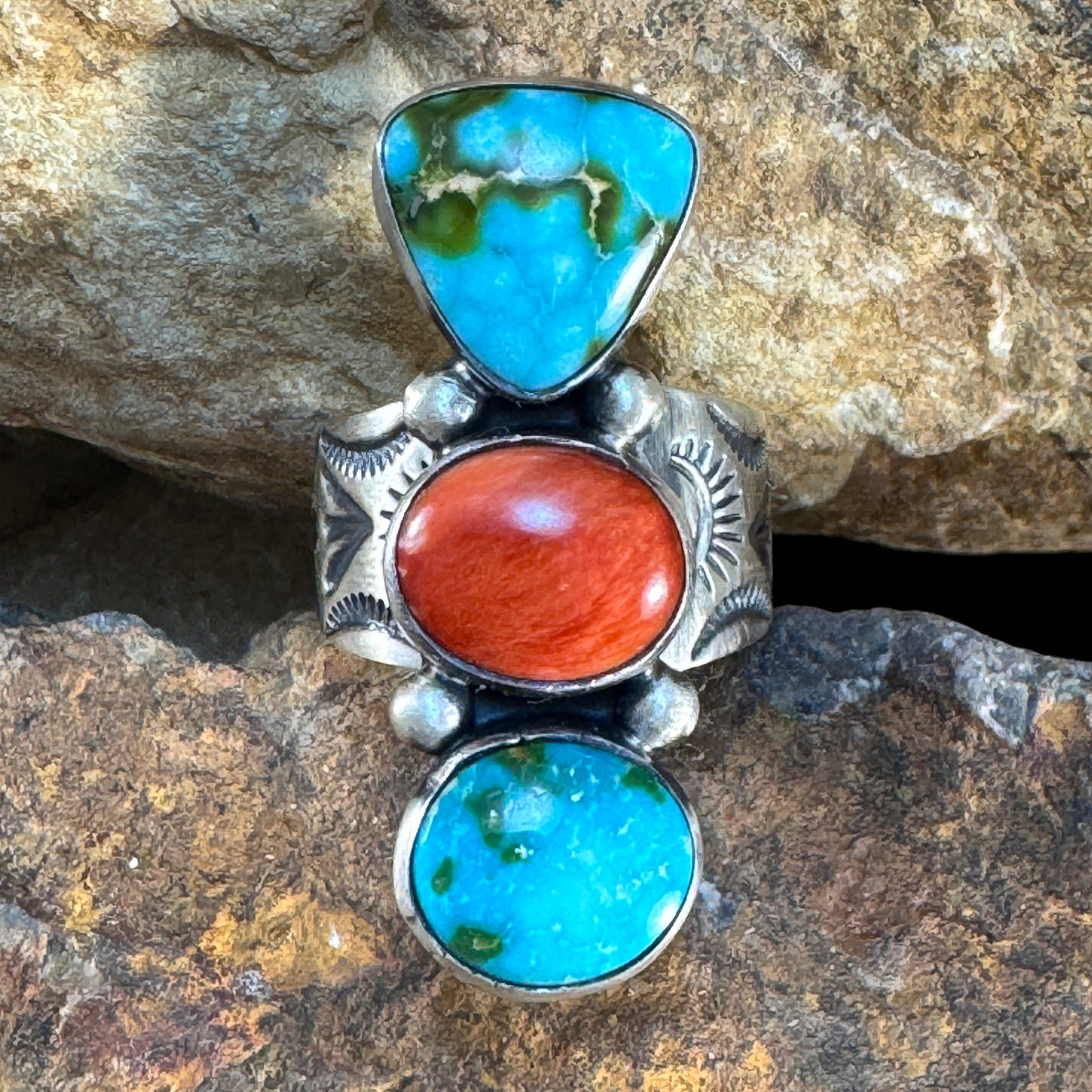 Sonoran Gold Turquoise & Red Spiny Oyster Sterling Silver Ring by Bernyse Chavez - Size 7
