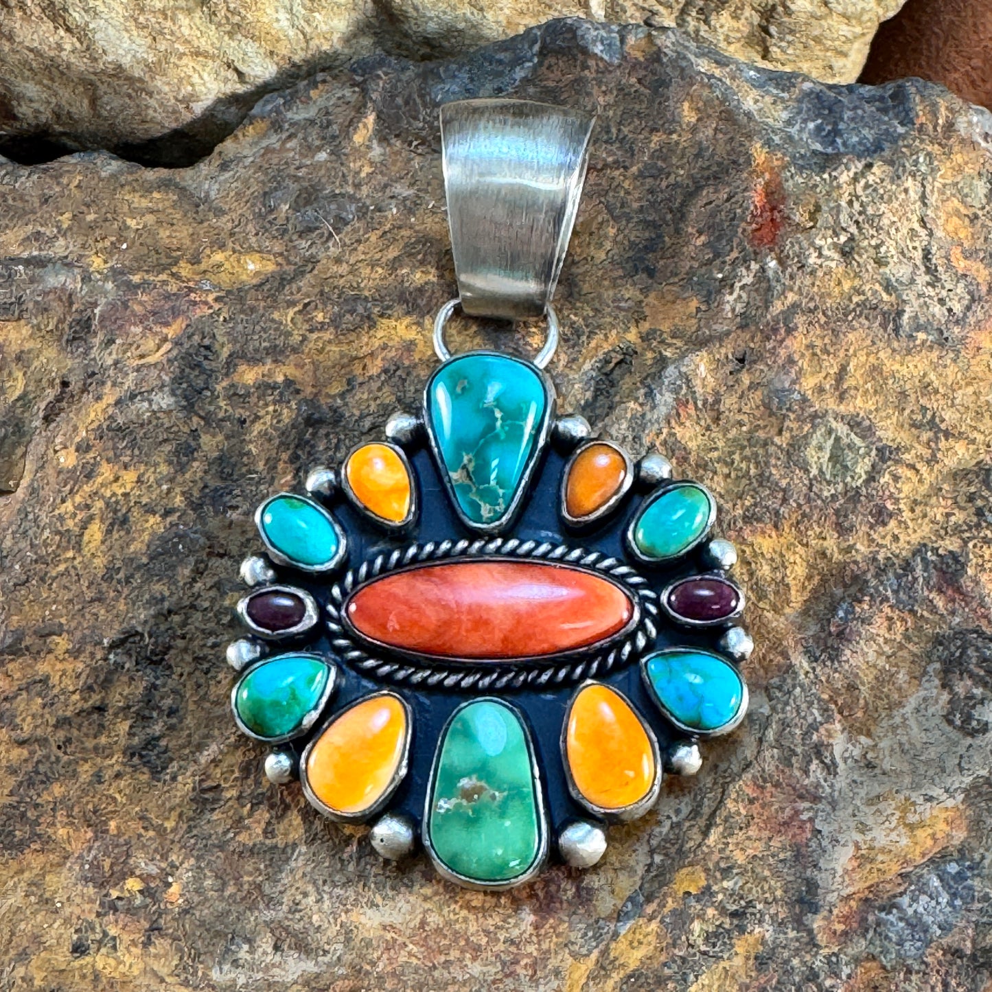 Multi-Stone Cluster Pendant with Sonoran Gold Turquoise & Spiny Oyster Shell by Angela Martin