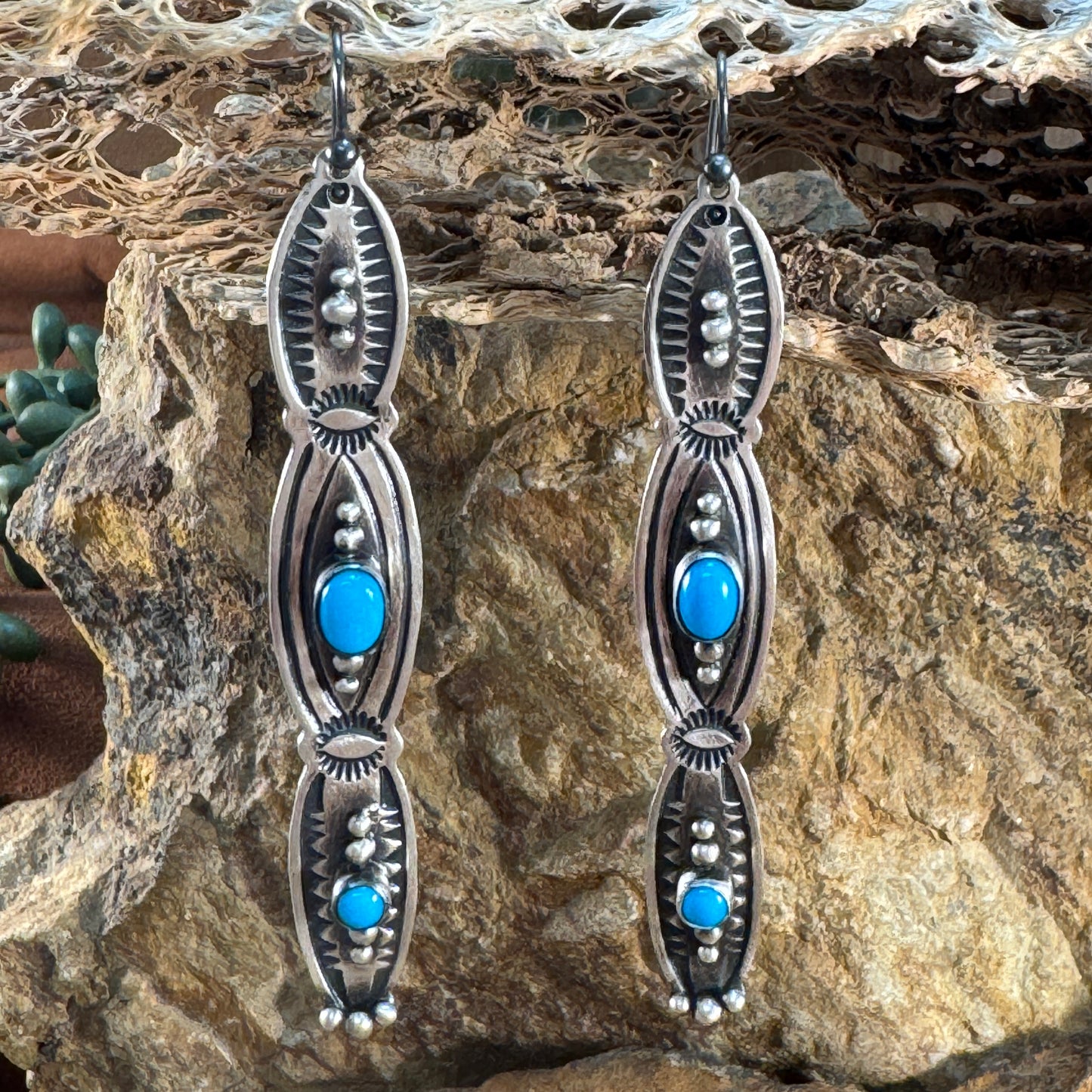 Sterling Silver Elongated Drop Earrings with Sleeping Beauty Turquoise by Bernyse Chavez